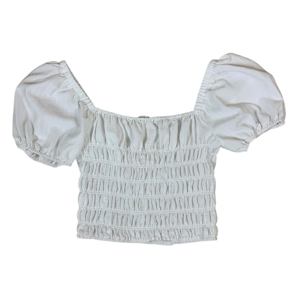 Elodie White Smocked Puff Sleeve Crop Top Blouse Women M Cottagecore Trendy Cute - Picture 2 of 5